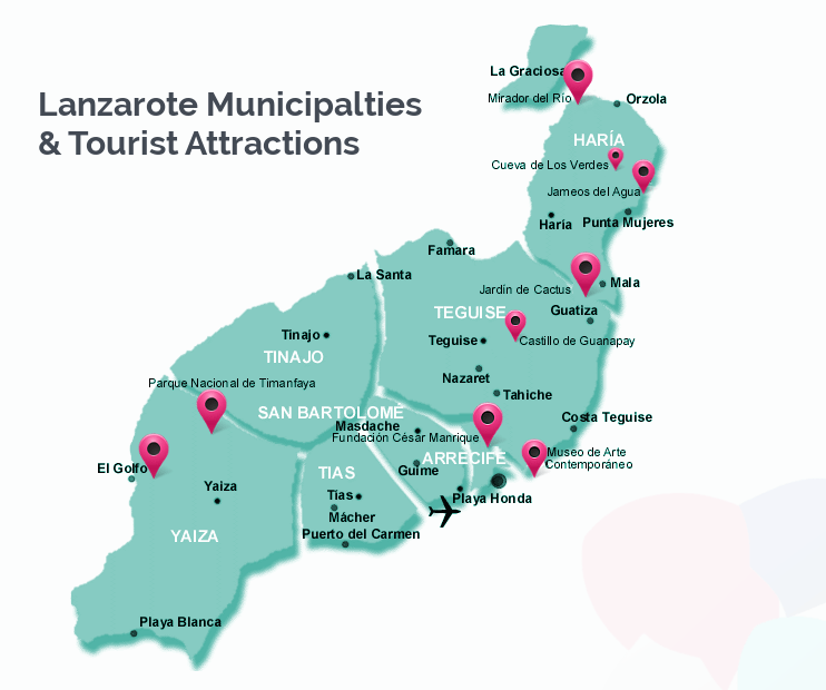 Lanzarote Municipalities And Tourist Attractions Map